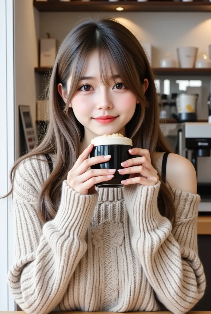 There is a young girl holding coffee in her hand, Cute girl - well-groomed face, cute natural anime face, cute - well-groomed - face, sakimi chan, Chiho, Yoshitomo Nara, young and cute face, beautiful japanese girl face, brown hair and large eyes, cute cute girl, beautiful light big eyes