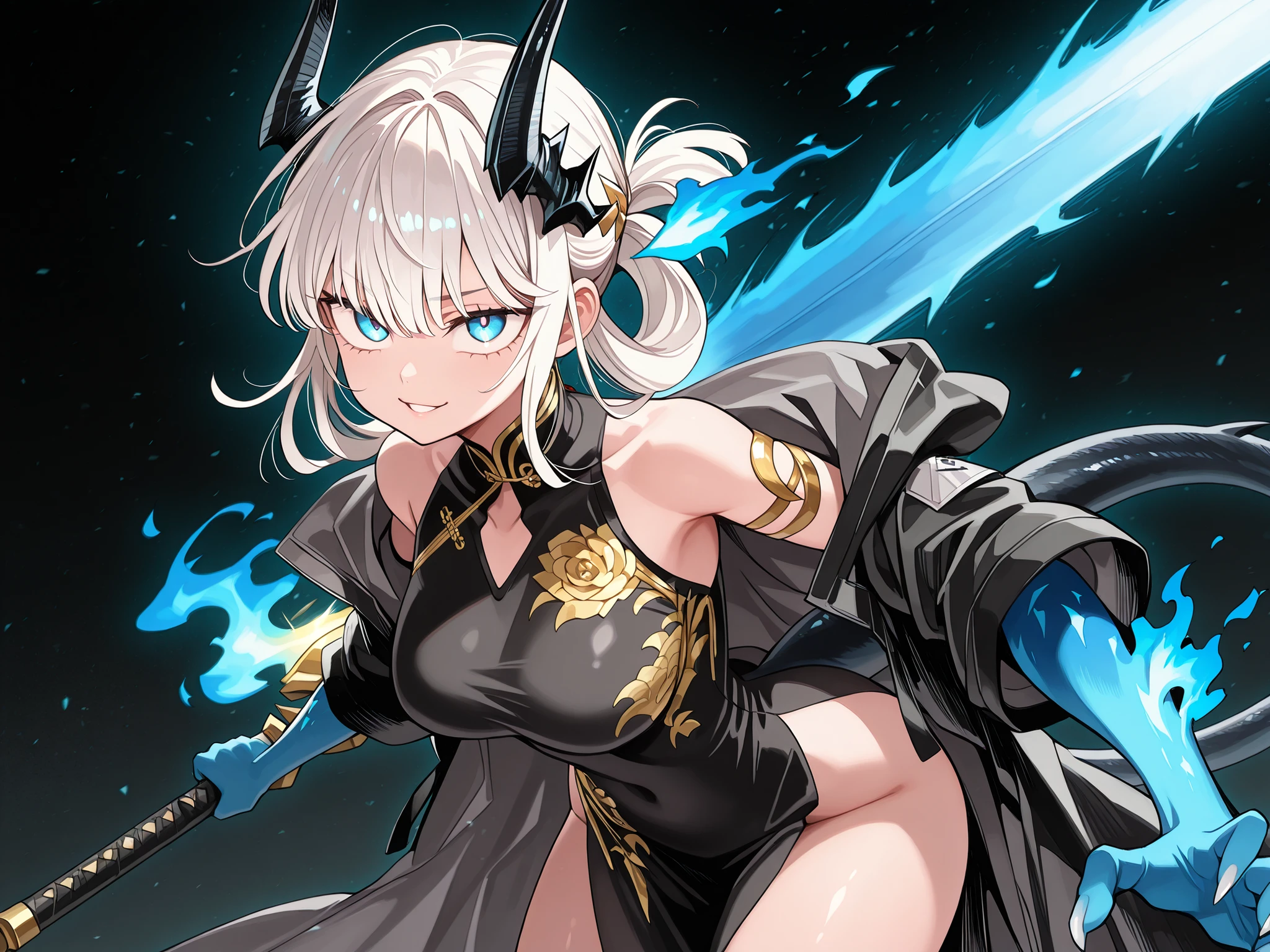 Alone, 1 girl, small and short body, small Character, short Character, short Character, Character 1.50 meters tall, small and short body, young Character, Character;
white hair, the Character's hairstyle must be the same as Tatsukami's from "One Punch-man", long bangs, black horns like Reed The Flame Shadow from "arknights";
The Character's face must be the same as Tatsukami's from "One Punch-man" (but with blue eyes), flashy blue eyes, provocative face, provocative smile, young, sensual, perfect and beautiful face;
perfect anatomy, the Character's tail must be that of a dragon and must be black (with a blue flame at the tip of the tail), black tail like Reed The Flame Shadow from "arknights", the details of the tail must be black, large breasts;
Nian style colored arms from "arknights" (but arms and hands should be painted black with blue details), hands with claws, arms with blue details;
Black coat like Reed The Flame Shadow in "arknights", sexy black Chinese dress (Chinese dress with gold details), exposed arms, in a sexy pose, perky butt, short body height;
Holding a large sword with gold details, gold ornaments on the large sword, divine and beautiful large sword, with a huge blade in blue color;
black background, attack position, looking at the viewer, and hands with gold details;
flashy pose, shoulders and head exposed, close to the face, looking at the Character, looking at the observer, face to face, provocative smile, confident, small and short body, young Character, body height like that of Tatsukami from "One Punch-man";