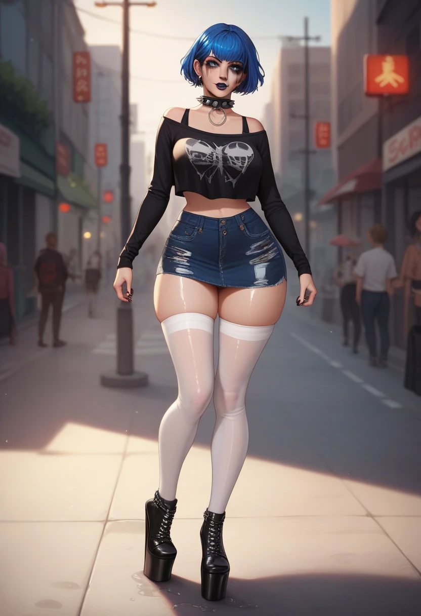 1girl, elf, pointy ears, tan body, tanned, tomboy, mature female, curvy, voluptuous, plump, white hair, messy hair, short hair, pink eyes, black sweater, croptop, red jacket, shorts, black thigh highs, park, day, full body, cheeky smile, mad smile, angled view, looking at viewer,