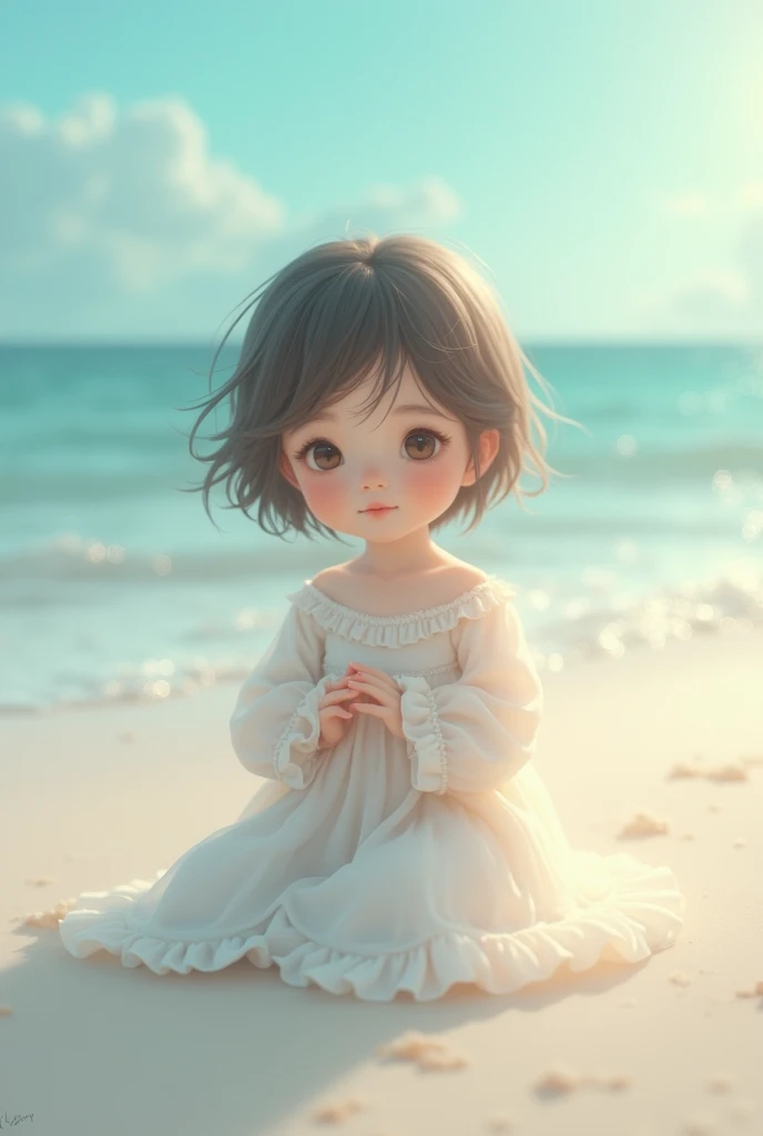 A slightly chubby girl，In the setting sun，By the sea，sea breezes，seagulls。setting sun，super adorable