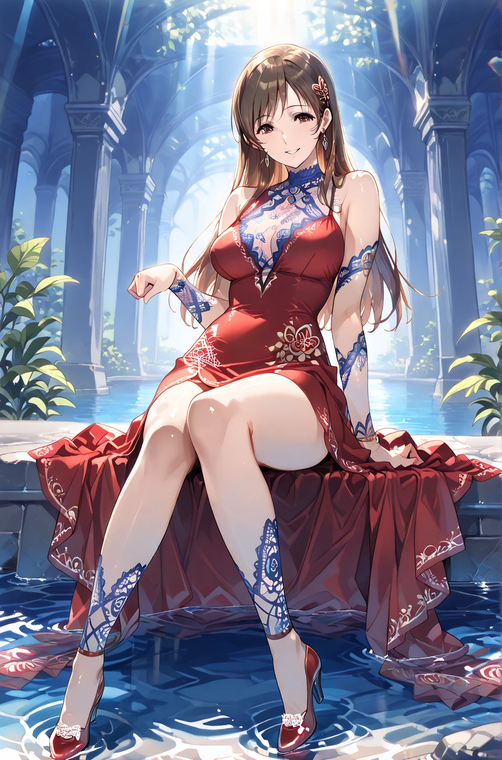 Top quality，Optimal resolution，Princess of an exotic fantasy world，(Wet Princess Dress），Design intricate clothes，blue eyes，Elegant and attractive，((temple，pool，Mist)，Leg ring，Anklets，night，Small Lighting，Glamorous pose，elaborately designed clothes，Beautifully decorated，Garter