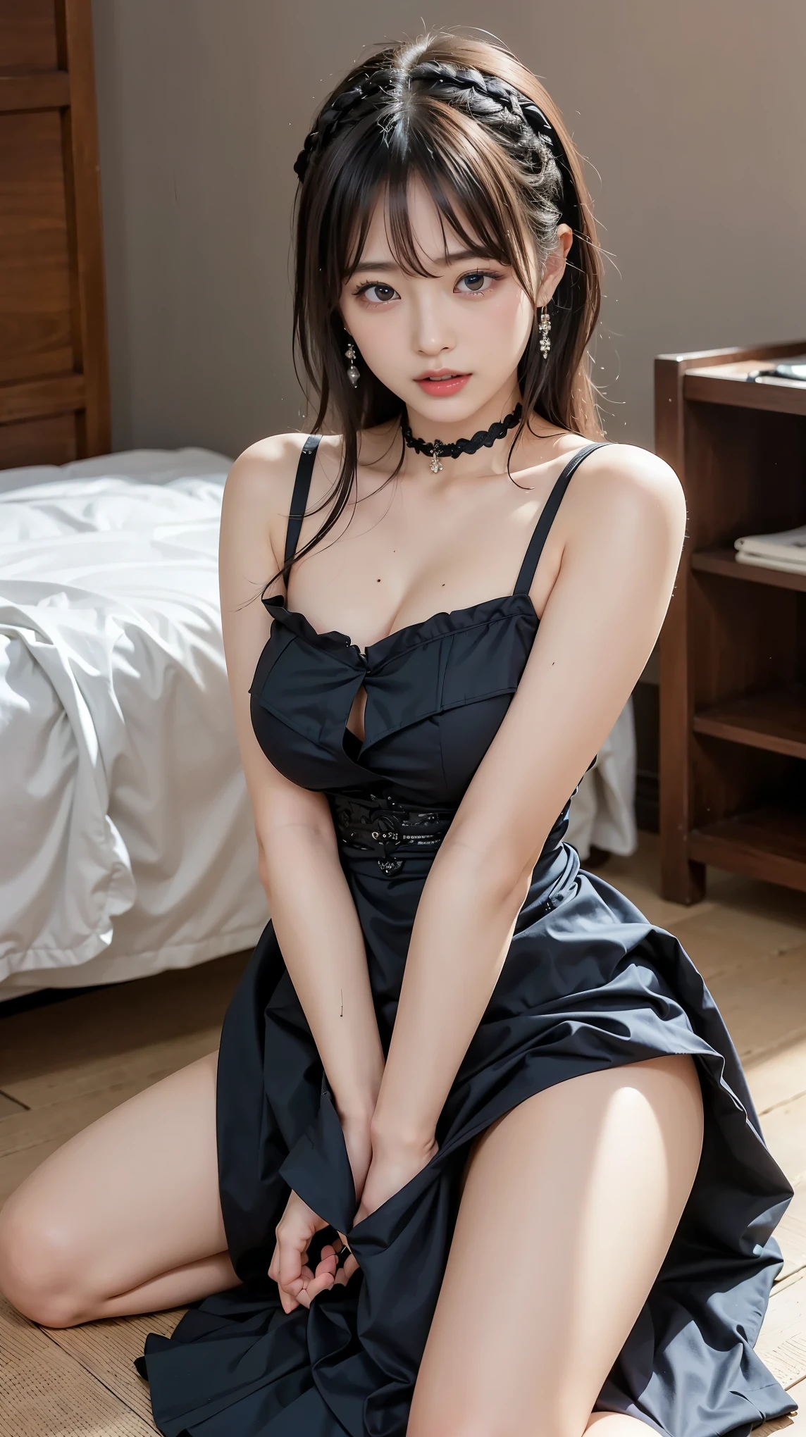 1 Girl, Beautiful, Baby symmetric Face, 17 Years Old,,enormous Breasts ,wearing a gothic lolita lingerie)), Posing For Photos in The Bedroom,golden Hair in a ponytail adorable masterpiece yellow honey eyes, seductive sitting near a grand piano, very thick hourglass figure body, thick ass