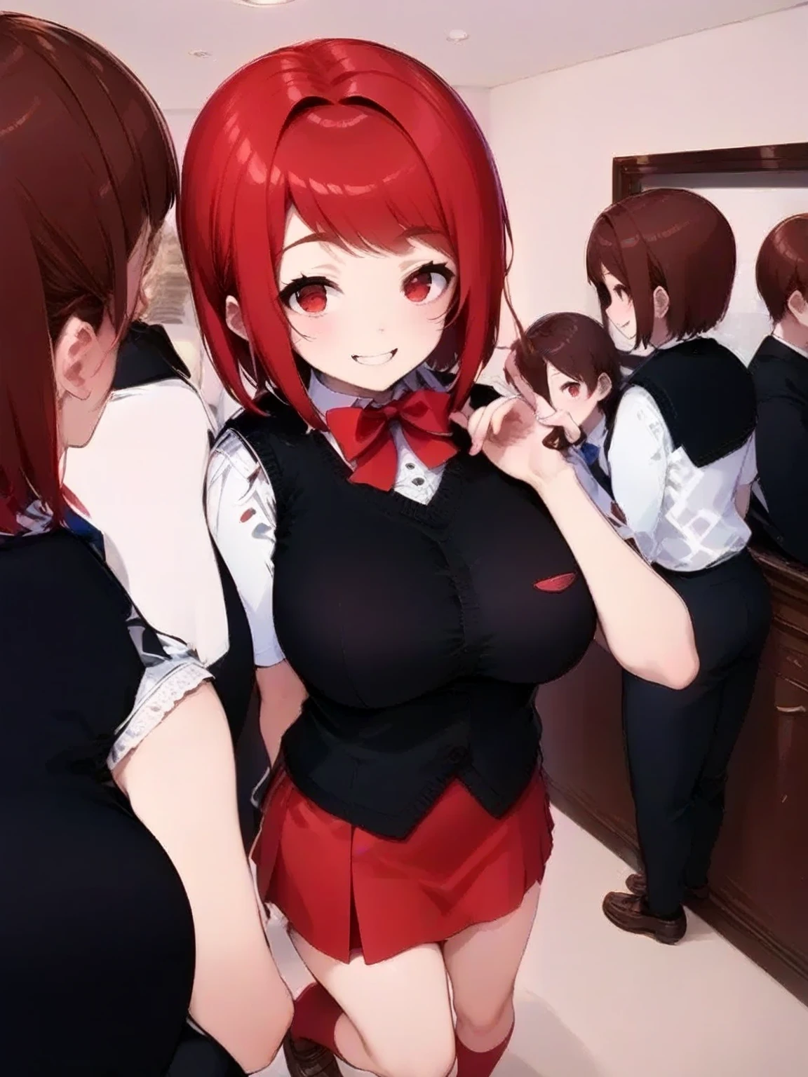 Golden Bird, Or Arima., bob cut, (conjunctivitis:1.5), red hair, short hair, Take a break beret, Blue hat, blue nude, ribbon, Take a break looking at viewer,stand, lean forward, arms behind back, break indoors, classroom, Take a break, best quality, high resolution, Harmony wallpaper 8K,, (Beautifully detailed eyes:1.6), Very detailed face, perfect lighting, The CG is very detailed., (perfect hand, perfect anatomy), very big breasts