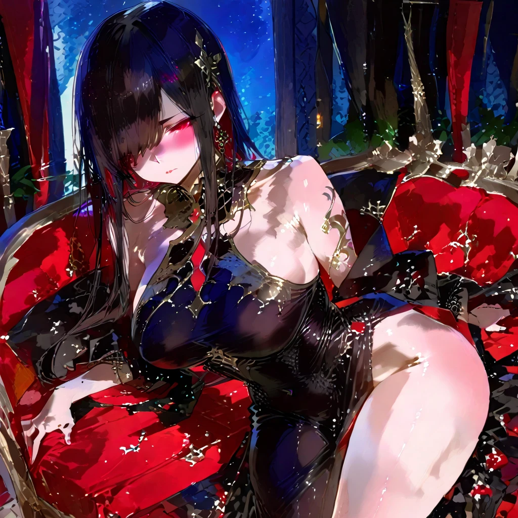 (Exquisite eyes),(Clear and beautiful eyes:1.61),masterpiece, 1 young girl,(Black clothes and some red gems), Black long hair, (She has a huge red gem on her chest), Good Hand,((The Havoc of StarCraft)),full-body shot,Fighting Stance,(Red Eyes:1.466),short and small,(Very big breasts:1.35),(Pretty Face),(full-body shot:1.33),Beautiful hands