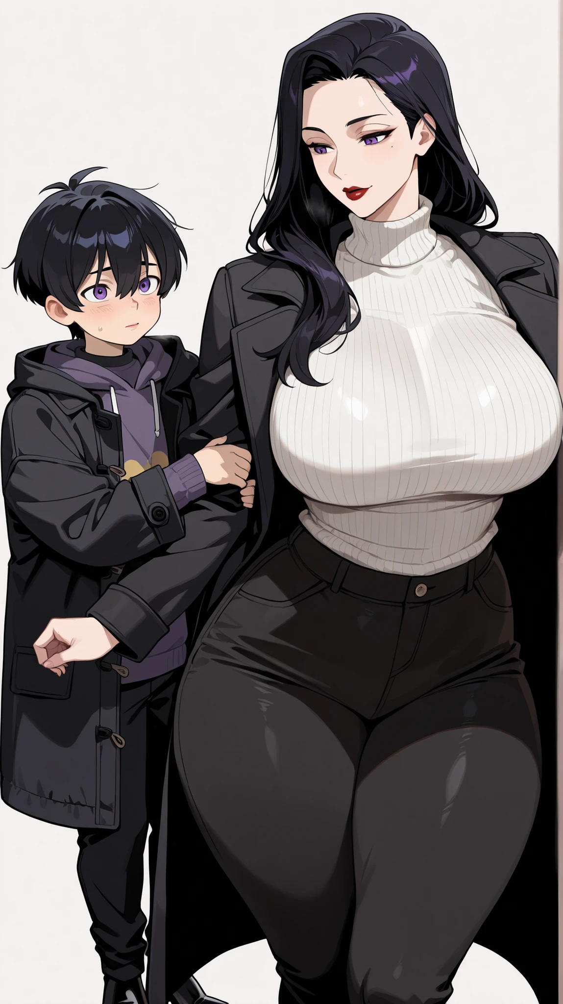 1boy1girl, Purple eyes, Almond-Shaped eyes, long black pants, black black Coat, unbuttoned Coat , neck height sweater, raven hair, long hair, black hair, red lips, Tall, thick thighs, big breasts, mature face, mother's vibes,, High heels, 1 boy, Mother son, Mother holds her son in her arms