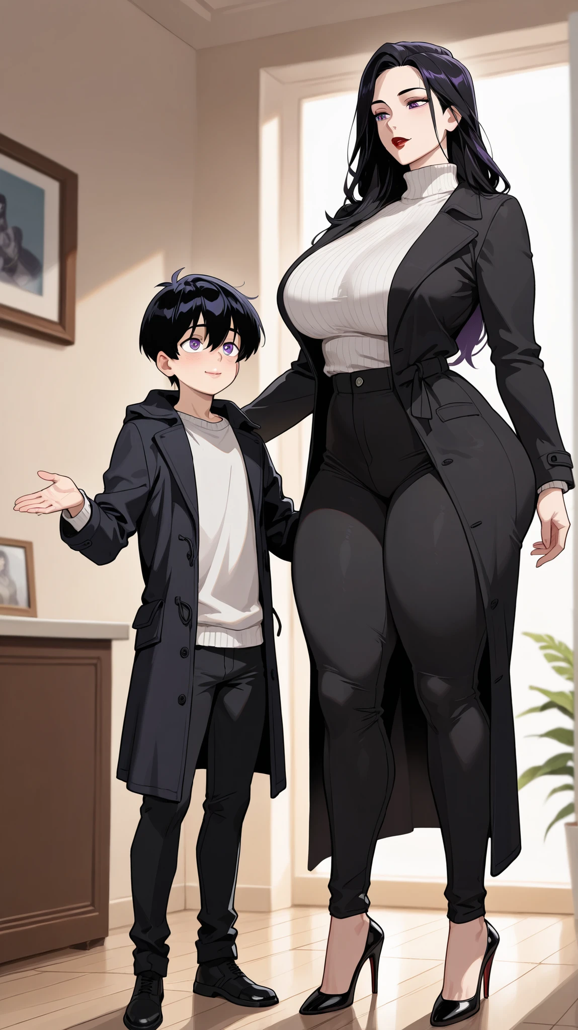 1boy1girl, Purple eyes, Almond-Shaped eyes, long black pants, black black Coat, unbuttoned Coat , neck height sweater, raven hair, long hair, black hair, red lips, Tall, thick thighs, big breasts, mature face, mother's vibes,, High heels, 1 boy, Mother son, Mother holds her son in her arms