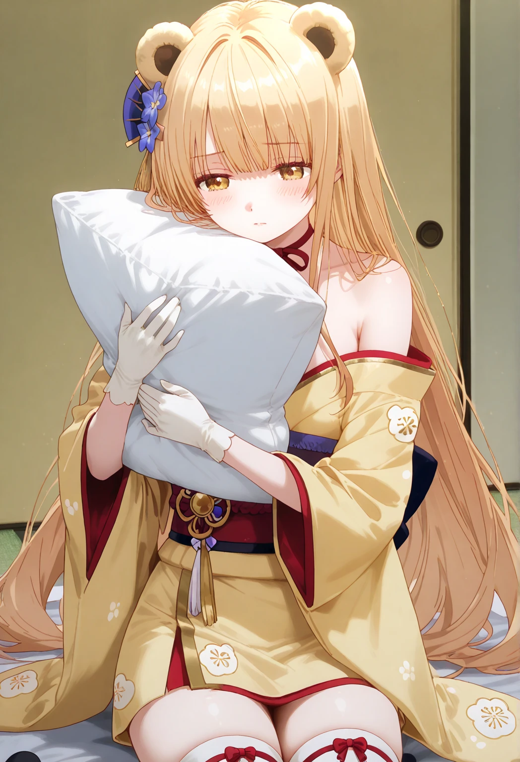 Gold eyes,tareme,The upper part of the body_Body, Front view, fatness, Little,child,10 years old, hime-cut, wept bangs, fox ear, Blue yukata,Blonde hair, Long hair,Shiny hair, Seductive smile, Beautiful detailed eyes