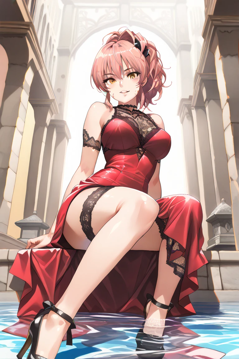 sexual appearance. Stunning magica fantasy full body portrait of a busty woman in dark red racy sexy lingerie, wearing a garter belt, age 27, plunging neckline highlighting feminine features, slender body, small ears, Brown Hair, Short Wavy Hair, Smiling Happily, Dynamic Pose, Ticker, Fantasy, Extreme Detail, 4Kde, Ultra HD, Trending on ArtStation, Polished, Radiant, Vibrant, Background Lighting, (8Kdende UltraHD), Unreal Engine 5 portions, intricately detailed, 3D vray detailed