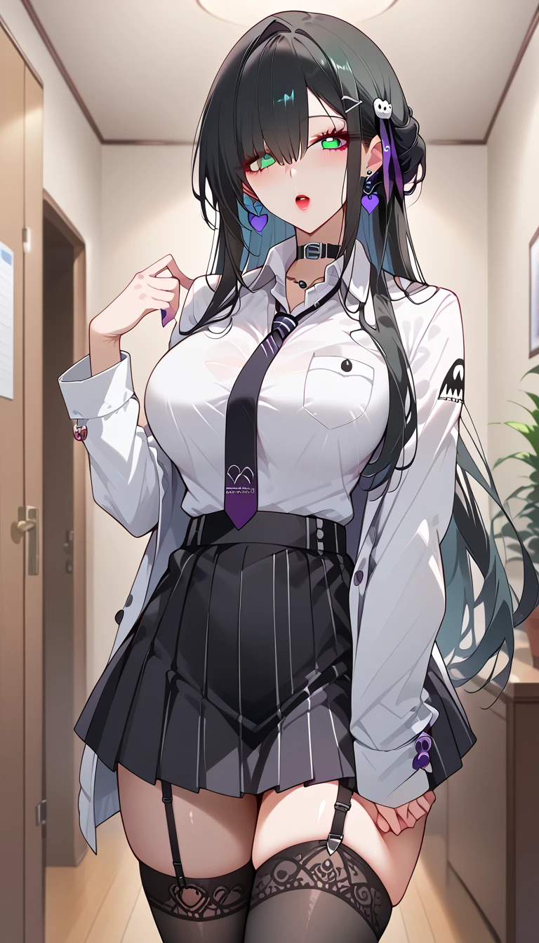 ((masterpiece、Highest quality、Very detailed))、One person、Black Hair、Long Hair、Grey Eyes、evil smile、Moderate breasts、((black suit jacket))、((pink bra:1.2))、((black suit pants))、Cowboy Shot、office