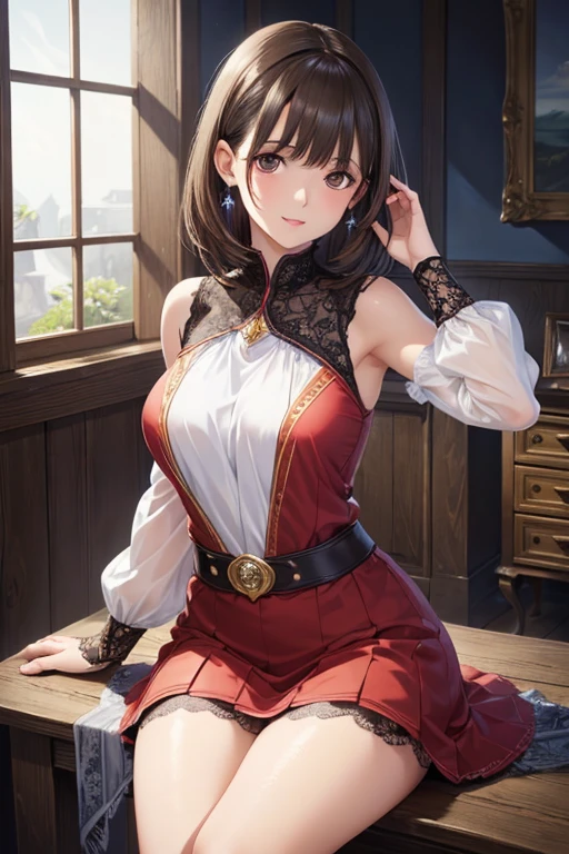 (solo 1 skinny young girl), (dark red short hair:1.2), (short dress:1.2), (plunging neckline), wiry corset (emphasize cleavage), very short torso, (inconceivably thin narrow waist), short (brown capelet), BREAK, (very short brown skirt:1.2), emphasize thigh gap, thin long legs, BREAK, 12th Century Europe