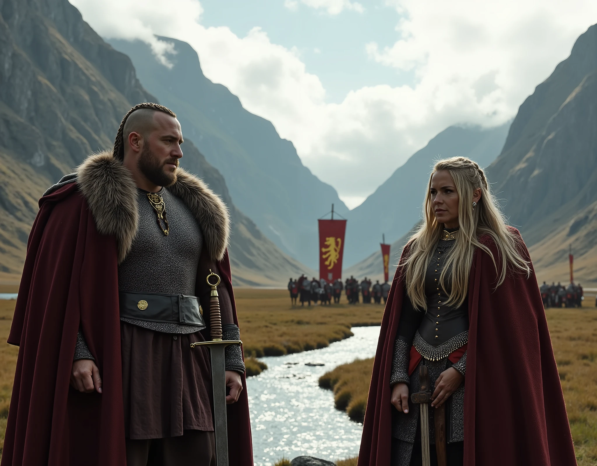 Steep and dramatic mountains are towering in the background and are slightly obfuscated by low clouds as dawn breaks and sunrays pierce through the cloud cover. A stream snakes its way down the fjord valley, revealing an ornate stave-church on the far riverbed. In the foreground stands King Ragnar Lothbrok and Queen Lagertha in regal Viking attires, defiant expressions upon their faces, draped with wolf fur tippets and Viking-style royal jewellery. King Ragnar rests his ornate sword on his shoulder, while Lagertha has her weapon sheathed. They both have long braided hair, the sides of their heads are shaved. A band of orderly Viking soldiers march from the distant Longhouse alongside the river, carrying a regal red banner with a gold lion embroidered on it, each Viking soldier is equipped with ceremonial Viking round shields and Gjermundbu helmets as well as long spears. Shot on a Sony A7R IV with 50mm lens, professional DSLR, 8k resolution, HDR, noise reduction, soft cinematic lighting.
