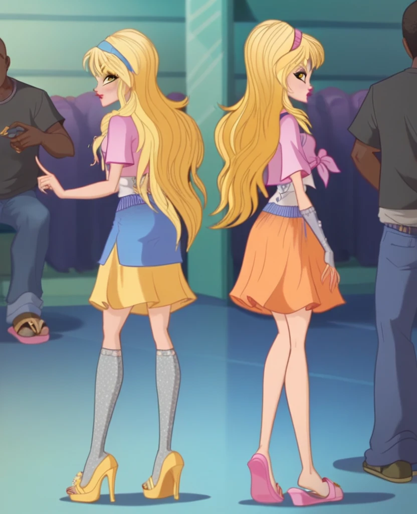 BlackedFlat, Looking Back At Him, Grab her butt, Grab his arm, Side View, View from Behind,xstellax, blonde hair, sidelocks, long hair, yellow eyes, headband, front-tie top, short skirt, orange skirt, wedge heels, slippers,interracial, BBC