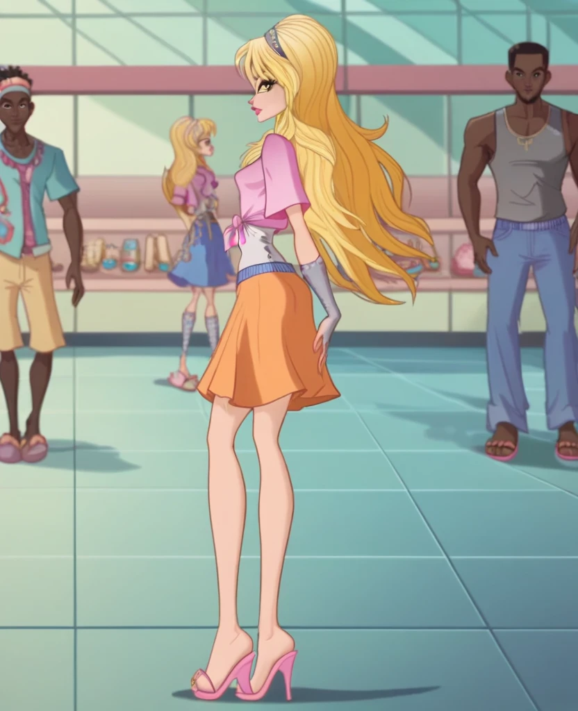 BlackedFlat, Looking Back At Him, Grab her butt, Grab his arm, Side View, View from Behind,xstellax, blonde hair, sidelocks, long hair, yellow eyes, headband, front-tie top, short skirt, orange skirt, wedge heels, slippers,interracial, BBC