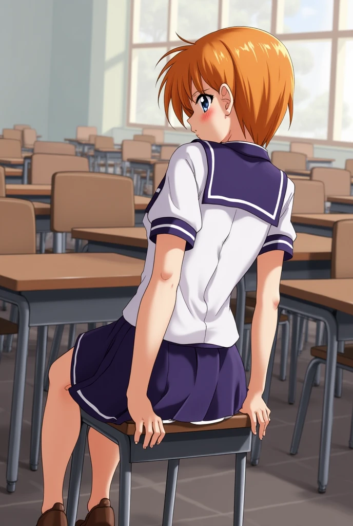 Highest quality,Highest quality,One girl,,Mouth closed,orgasm,blush, Sweat,Nanoha Takamachi,Takamati Nanoha,Twin tails,Hair Ribbon,((One Piece Uniform:1.3)),classroom、White panties、Squat、Look at this、skirt