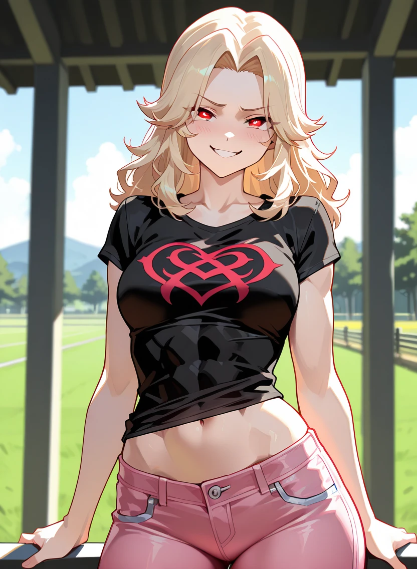 A woman wearing red shirt and red shorts, beautiful face and pretty eyes, she is very good looking ,she has a big belly and boobs 