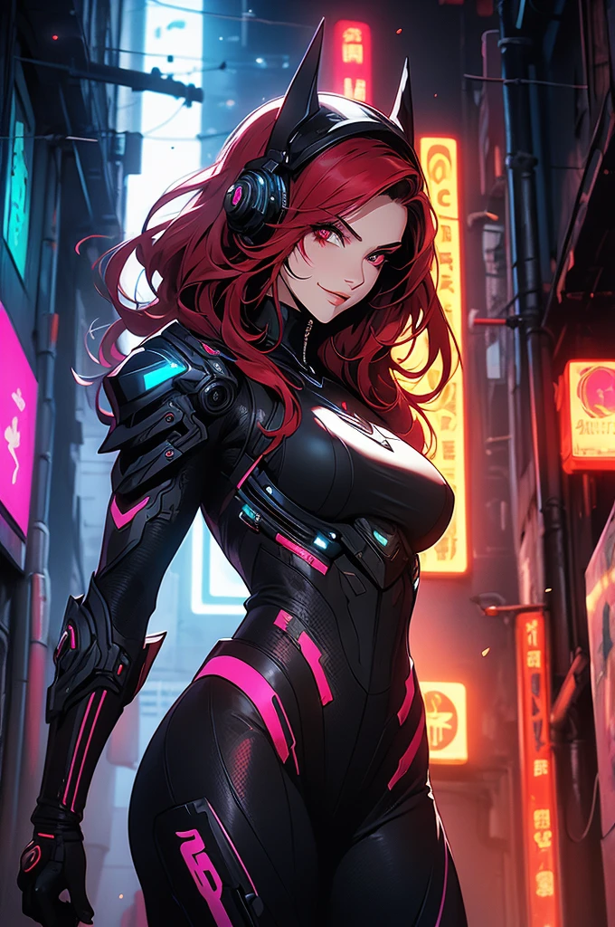 a beautiful redheaded girl with long afro-style braids, wearing futuristic oriental style clothing, urban setting, electric bass as sacred weapon of war, anime manga comic style, detailed face and eyes, beautiful detailed lips, highly detailed, 8k, photorealistic, masterpiece, dramatic lighting, vibrant neon colors, cyberpunk, science fiction