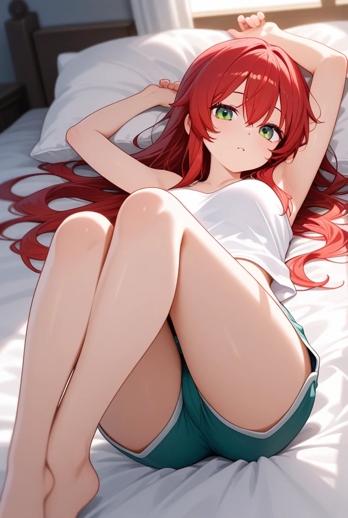 red long hair, masterpiece work, best quality, high resolution;,Improved detail，best quality，Perfect image quality，beautiful and sexy, first person view, small spots under the eyes , pretty, 큰 chest, 8K, ,chest 크게, pure white skin, chest, Beloved, excitement, beautiful, My heart is pounding,  red hair, glamour, tempting, , girl friend, Gray-eyed pupils, indoor room, naked, porch, sitting on the floor, prone, hip, back, 