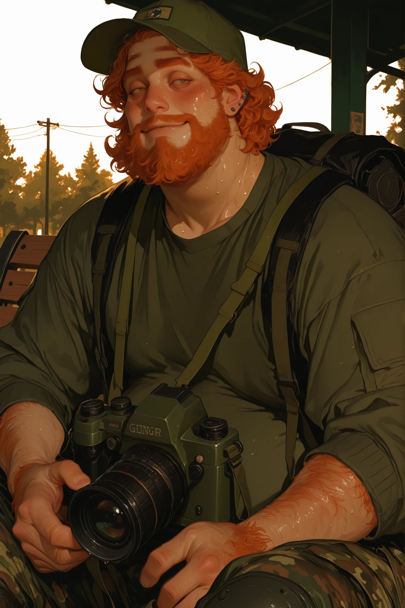 2d semi realistic image of a Chubby plus size, fat, short young adult man with soft chest and wide hips, chubby and plus size. Wearing green baseball cap with shoulder length curly messy ginger hair, thick ginger unibrow, unibrow, hairy, ginger scruffy short beard, wearing a dark green sweater with camo cargo pants and dark green military combat boots. Wearing a black backpack, Moles and freckles face. facial piercings, ginger short beard scraggly, greasy,sweating, wearing a camera strap with a camera in his hands. sweaty, greasy, creepy manic stare, dynamic pose, sitting in a park bench ,handsome, thick outline, flat color, illustration, flat color, dynamic angle, vector illustration, dynamic pose, moody lighting,