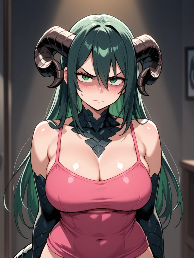 mixed_art style, Cleavage, sweaty, Hanging, big breasts, Monster woman, blade arm, disfigured skin, green skin, veins, monstrous mouth