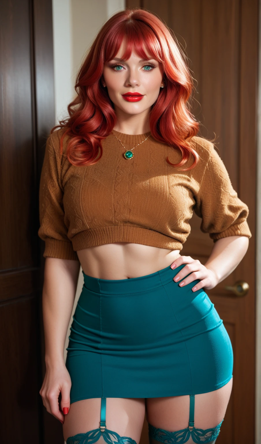 1girl in, 19, Solo, Aesthetic artwork, irish redhead, wavy ginger hair, shoulder length ginger hair, pig tails, cheerleader,mini skirt,bare shoulder, red sweater,satin stockings,green eyes, light green eyes, some small freckles, pale skin, (B-cup, medium breasts), cleavage,bare thighs, lifting her skirt,red panties,athletic,slim, fullbody shot, (textured skin, skin pores:1.1), (moles:0.8), imperfect skin, goosebumps, (extremely detailed 8k wallpaper), soft lighting, high quality, film grain, Fujifilm XT3 sharp focus, f 5.6, 50mm, High Detail, Sharp focus,(natural light), (seductive), touching her clothes, black cocktail dress, tight dress, Realistic, A sexy
