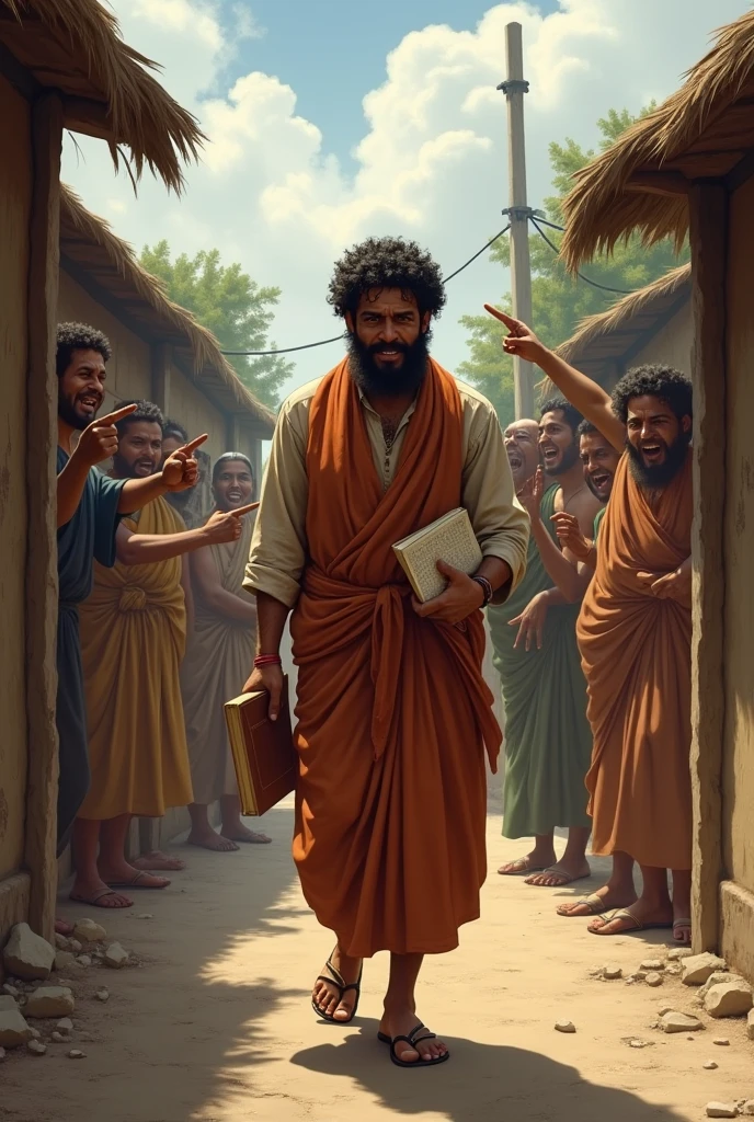 Villagers Mocking Dhruv
Description: A comic-style image of Dhruv walking through the village with his water pots, while a few villagers, dressed in simple village attire (loose shirts and lungis), are laughing at him. Dhruv remains focused on his task, wearing his usual white dhoti and brown kurta. The villagers are gesturing mockingly, indicating that they think his efforts are futile.