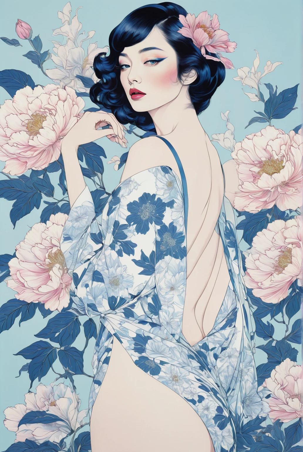chiaroscuro technique on sensual illustration of an elegant , retro and vintage ,silky flower around body, matte painting, by Hannah Dale, by Harumi Hironaka, extremely soft colors, vibrant, pastel, highly detailed, digital artwork, high contrast, dramatic, Blue and white porcelain