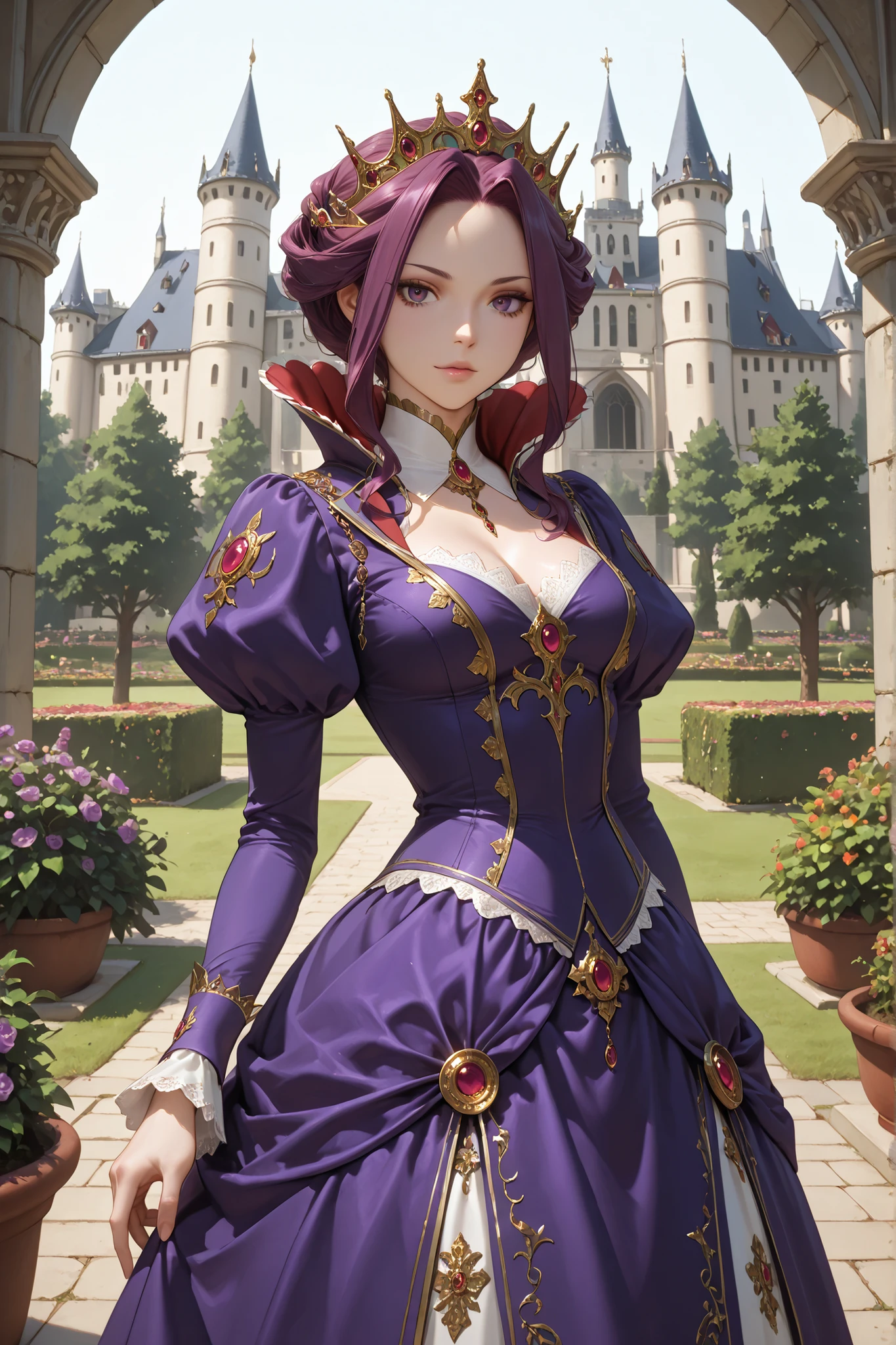 1girl, Mirelia Melromarc, purple hair, purple eyes, crown, purple dress, gold details, long sleeves, royal dress, high collar, puffy sleeves, castle, garden, standing, looking at the viewer, gentle smile, dynamic pose, sensual, seductive, masterpiece, ultra-detailed, very aesthetic