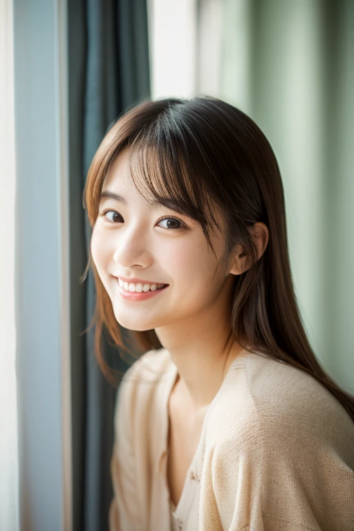 masterpiece,best quality,(Japanese ),((Beautiful girl)),cleavage,indoor,(perfect body beauty:1.2),(shy smile),beautiful teeth,