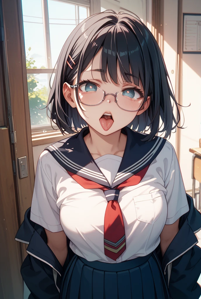 oval_metal, glasses,red-framed,black ponytail,1girl,sailor uniform,navy collar,red ribbon,white short sleeve shirt,looking away,covering mouth,shy,classroom <lora:oval_glasses_metal-frame1_SDXL_V1:0.7>, masterpiece,ultra detailed,best quality