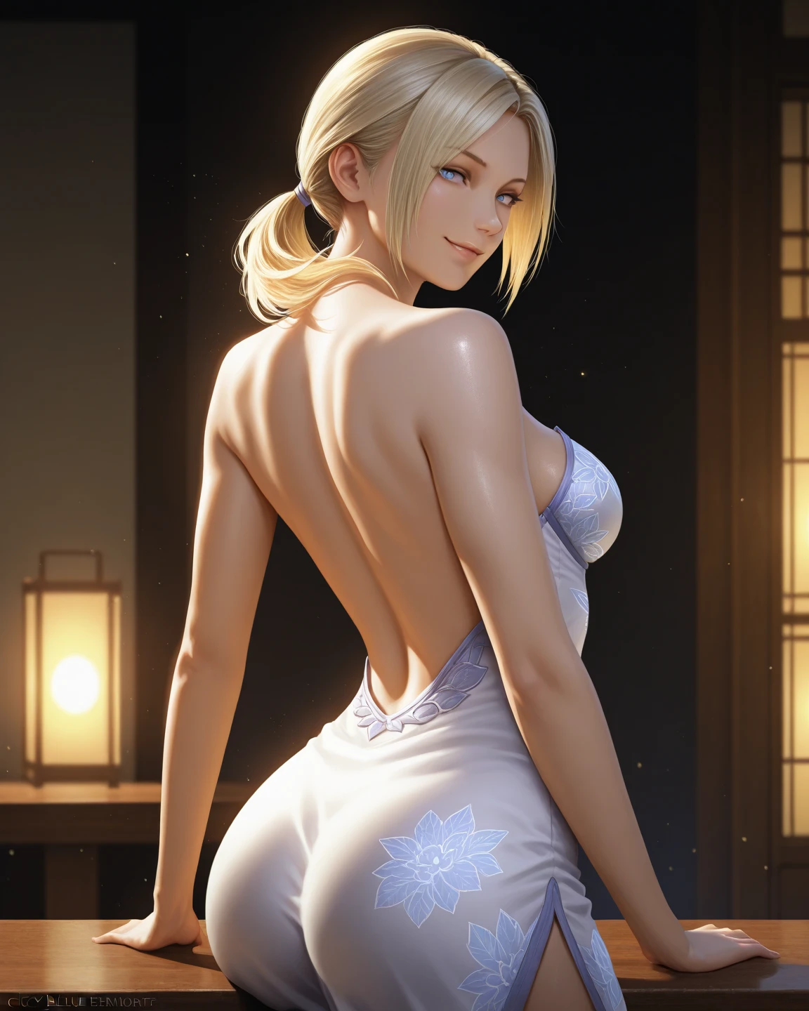 (best quality:1.3), (4k quality),(sharp image), Daki, ((Detailed face)), ((masterpiece face)),((perfect detailed eyes)) (blush), Daki, white hair, long white ponytail hair, green eyes, red lips, red lips, sly face, face with stern features, ((detailed face)), perfect face, highly detailed eyes, masterpiece, absurdres , (intricate details), (colorful),cinematic lighting,extremely detailed CG unity 8k wallpaper , 1girl, solo,mature female, erected tits, fit body, cameltoe, black seductive lingerie with black stockings, hot springs in Japan , evil smile, ((perfect small erected breast)), seductive pose, nude perfect tits, nude perfect vagina, slim fit body, perfect ass, from behind