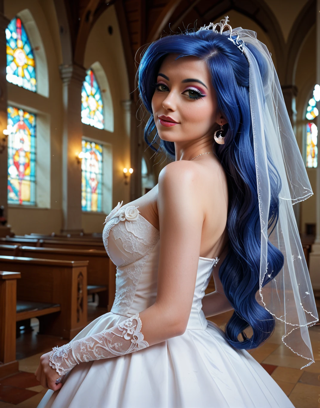 Marge Simpson with huge breasts in a lace micro bra and wedding dress with veil and bouquet in a park in Springfield
