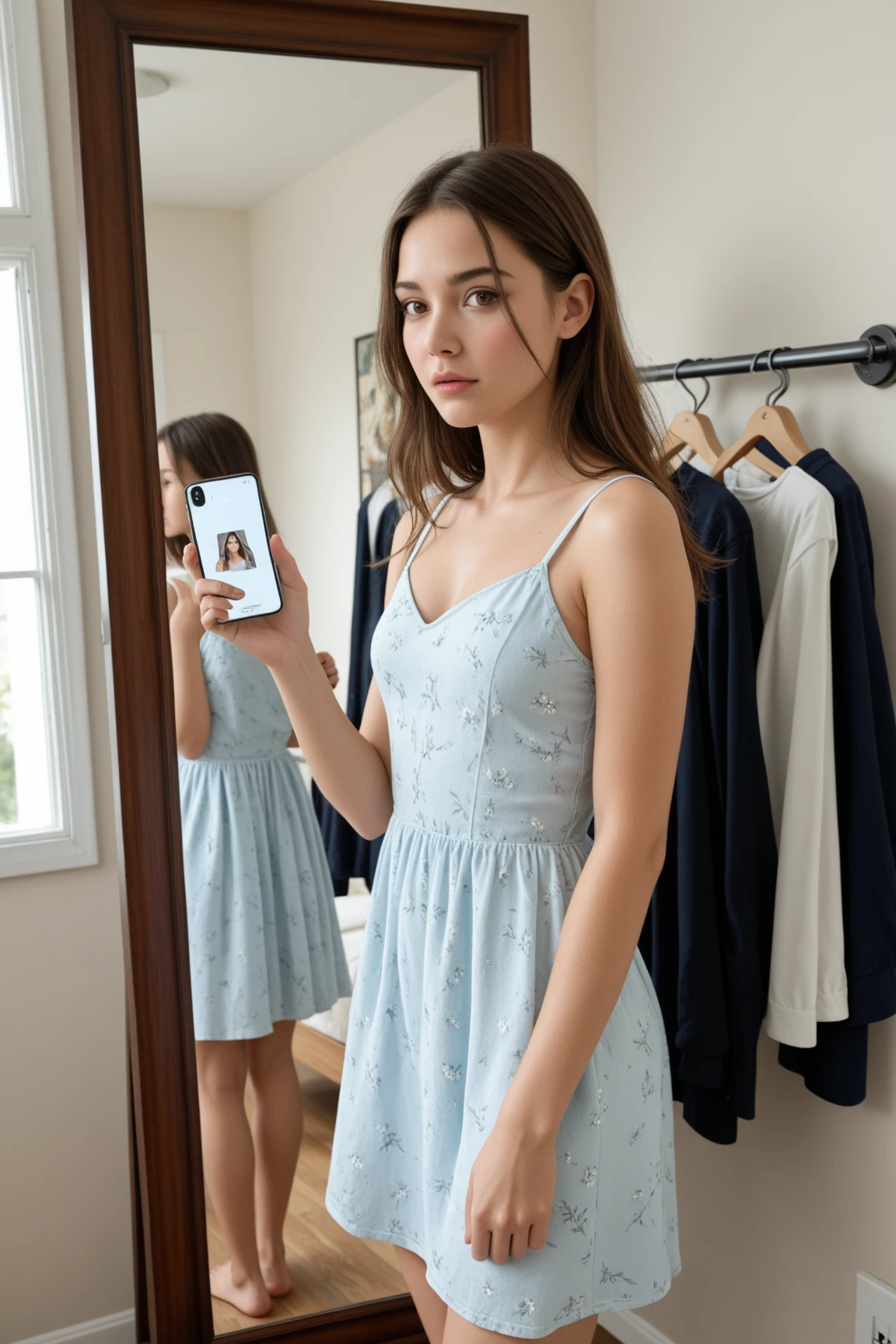 A front camera selfie of a girl in a blue floral long dress at changing room