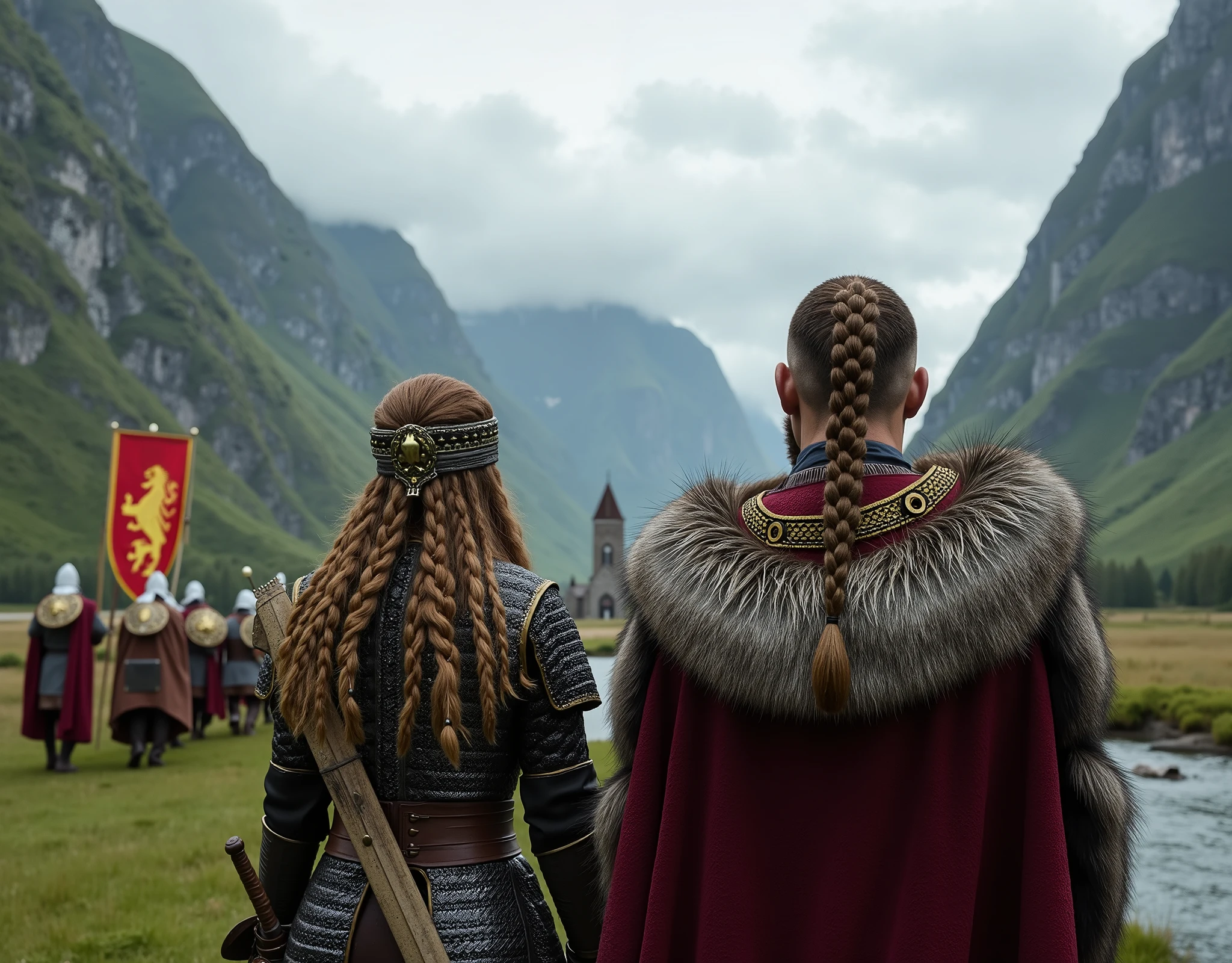Steep and dramatic mountains are towering in the background and are slightly obfuscated by low clouds as dawn breaks and sunrays pierce through the cloud cover. A stream snakes its way down the fjord valley, revealing an ornate stave-church on the far riverbed. In the foreground stands King Ragnar Lothbrok and Queen Lagertha in regal Viking attires, defiant expressions upon their faces, draped with wolf fur tippets and Viking-style royal jewellery. King Ragnar rests his ornate sword on his shoulder, while Lagertha has her weapon sheathed. They both have long braided hair, the sides of their heads are shaved. A band of orderly Viking soldiers march from the distant Longhouse alongside the river, carrying a regal red banner with a gold lion embroidered on it, each Viking soldier is equipped with ceremonial Viking round shields and Gjermundbu helmets as well as long spears. Shot on a Sony A7R IV with 50mm lens, professional DSLR, 8k resolution, HDR, noise reduction, soft cinematic lighting.