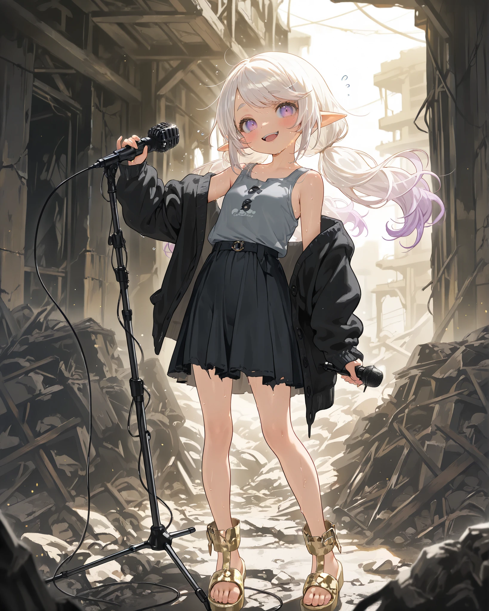 ((Masterpiece)), ((best quality, very aesthetic, absurdres, newest)), (8K), (cinematic lighting), ((1girl)), (cute young girl), (Healthy body, Textured skin, small breast, tilt head), elf ears, Glossy unruly hair, (platinum-gold hair, gradient hair, Pastel colors Hair Tip), (loose swept bangs, low pigtails), big eyes, (cute cheeks), glossy lips, pouty lips, (lower eyelashes), Thin and short eyebrows, (pale purple eyes, gradient eyes, looking at side), (evil smile), blush, open mouth, BREAK (Black stale cardigan, oversized cardigan, inner frayed tanktop, medium skirt), cute navel, Cheesy sandals, bare arms, ((Holding the microphone, Metal microphone stand, detailed microphone)), loose standing, toe up, resisting, trembling, ((indoor, in the Mossy abandoned ruins, pile of rubble)), ((anime-style with comical sweat drops)), wind blow,