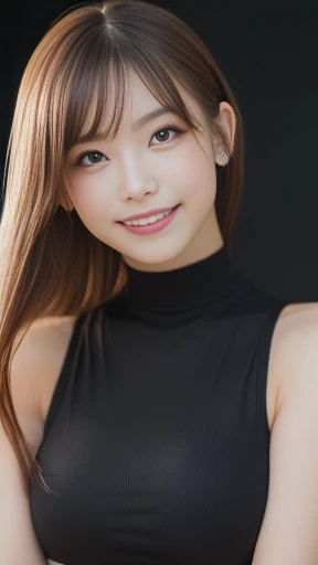 (Highest quality, DSLR camera, 8k, Highest quality, High resolution, Highest quality, Highest resolution, Very beautiful woman, Perfect anatomy), Bright brown eyes, Very bright brown eyes, Small diamond-shaped earrings, Looking directly at the camera, Beautiful brown hair, ((Baby face, Loose and cute medium ponytail)), Very short and beautiful bangs with brown hair, E-cup bust, Showing beautiful décolletage, Very beautiful 20-year-old, Lip gloss, Smiling very happily, Very cute smile, Upper teeth, Beautiful teeth, (Chic and stylish music stage as the background only), Slightly larger eyes, Small face, Tall supermodel, Beautifully shaped model, (Holding a microphone and dancing and singing in random cool poses), Dynamic angle, Eye focus, Head tilt, Very detailed and realistic, Very beautiful 20-year-old, ((Medium shot)), Sharp jawline, ((Sophisticated K-POP idol outfit)), Deep waistline, Sexy legs, Side view, Smiling very joyfully, Laughing, Summer daytime