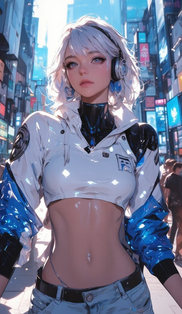 1girl, white hair, long hair, techwear masterpiece, bestquality, realistic, realism, dark purple jacket, white transparent see-through crop top tank top, portrait, detailed eyes, wearing headset, platinum hair, 18 year old girl, fashion pose, half body, wide shoot, on the street, cyberpunk