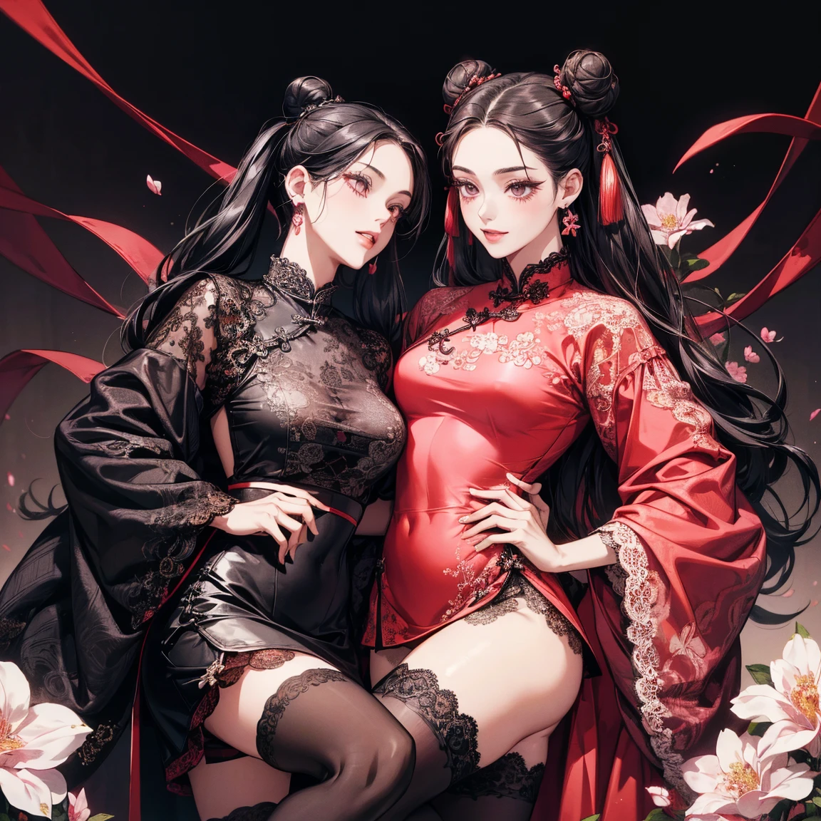 Yongbibonmu clothes, red gold cheongsam, black long leather gloves, white stockings, Raised head , Black hair, large red ornament on one side, perfect face, Heterochromia, red lips, winter shawl, Red earrings, One pretty girl, braided hair