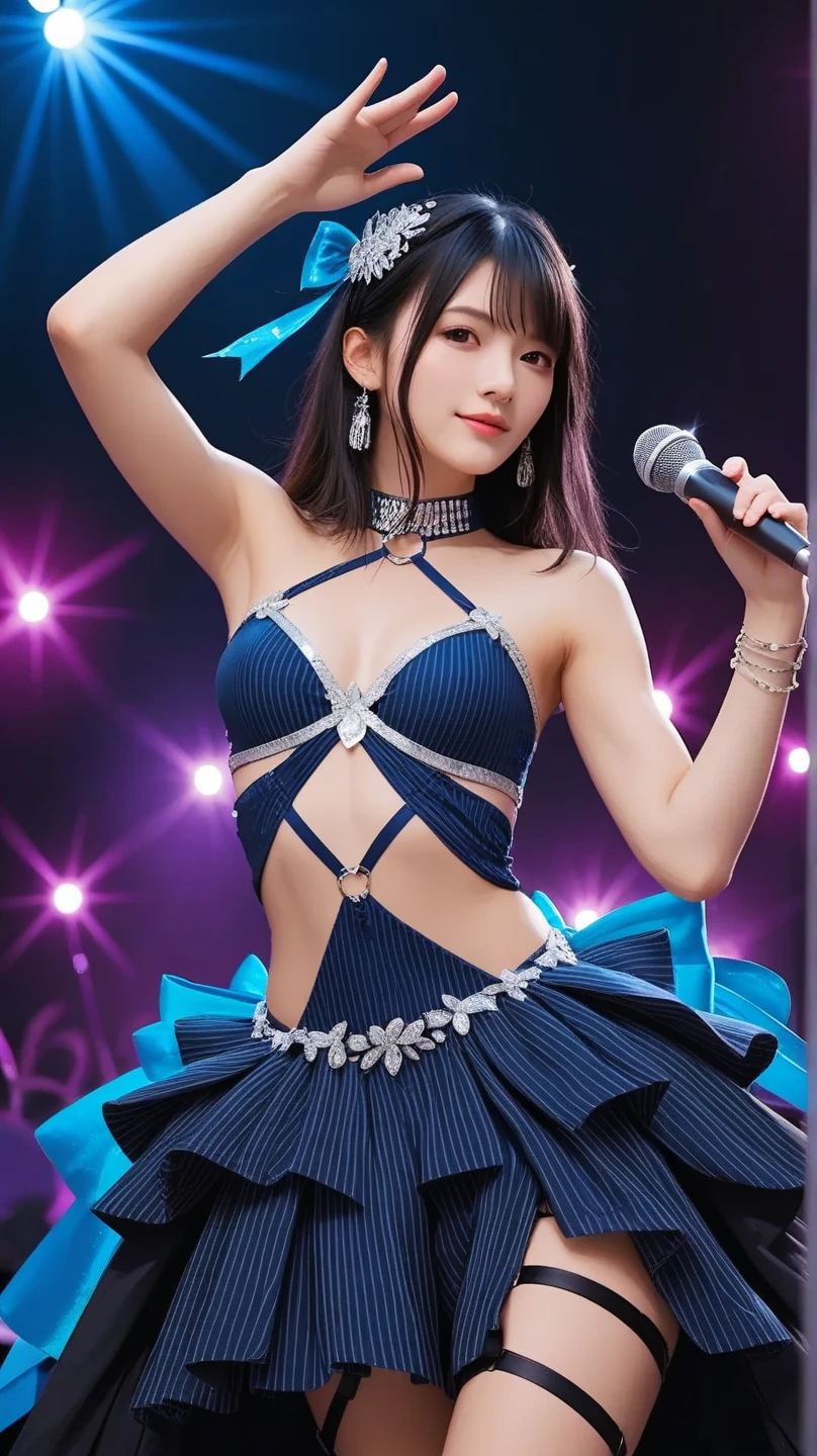 masterpiece、最high quality、high quality、high quality、premium quality、wonderful品質、Exceptional quality、excellent quality、Luxurious quality、excellent quality、best image quality、8K、super resolution、最High resolution、High resolution、最high quality、Rich shades、shining quality、crystal clear、realistic images、perfect details、Image without defects、clear image、wonderful表示、bright colors、deep contrast、high fidelity、amazing clarity、optimal performance、realistic、wonderful、perfect image、Close to reality、Realistic human body in every detail、Realistic skin in every detail、Realistic face in every detail、Realistic eyes down to the details、Realistic lips in every detail、Realistic teeth in every detail、Realistic ears down to the last detail、Realistic hair down to the last detail、Realistic arms down to the last detail、Realistic reproduction of every detail、Realistic fingers in every detail、(fine hands、thumb1reference4)、Realistic feet in every detail、pretty girl、beautiful girl、attractive girl、attractive young woman、wonderfulティーンエイジャー、adorable girl、Shining Girl、innocent girl、sweet girl、beautiful adolescent girl、cute young woman、 the girl who captures your heart、dazzling girl、elegant girl、((japanese model))、((18-year-old))、(black hair)、(random hairstyle)、((whole body))、((beautiful upturned chest))、(slim style、slender style)、(whole body光沢肌、Fair skin)、Detailed and realistic human body、detailed realistic skin、detailed realistic face、detailed realistic arms、detailed realistic fingers、Detailed realistic feet、(professional lighting)、((big stage venue))、((large concert venue))、(on stage)、((Idol))、((singer))、((Rainbow-colored transparent see-through(stage costume with frills))、(((on stage(microphone1have、Sing enthusiastically)))、(whole body映像)、(Lots of galleries、large audience)、random close-up