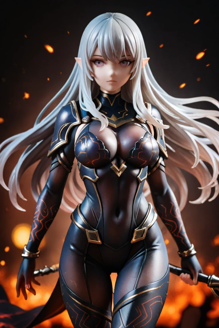 earrings, braided ponytail, puffy sleeves, gold trim, gloves, bodysuit, breast curtain, shoulder cutout, covered navel, hip vent, clothing cutout, tassel, (luxury livingroom background), ShenheV4, anime cels style, best quality, high resolution, 1girl, (huge breasts:1.2), beautiful face, grey hair, long hair, hair ornament, hair over one eye, blue eyes, cowboy shot, smiling