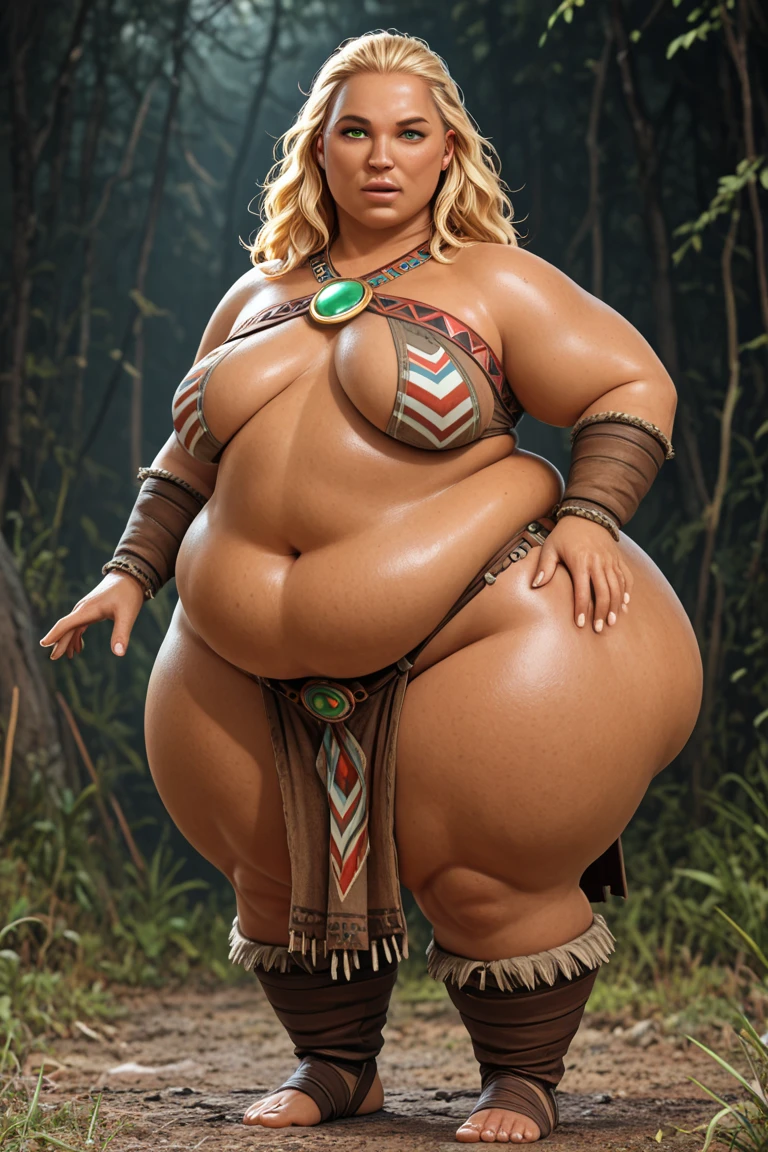 (((Jackie Parris))), (((Simon Bisley))), (((Frank Frazetta))), ((((absurdists))), (((best quality))), (((masterpiece))), (((thicc))), (((afro hair))), small, chubby, wide hipped, 13-year-old African girl, small breasts, Zulu warrior of the middle ages, white war paintings on body, perfect and proportional body, zebra camouflage, big black afro hair, black-skinned savanna warrior wearing very few clothes and many necklaces and body adornments, sandals, smiling,, fire pit, grass hut