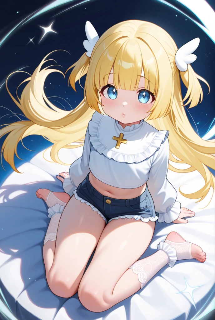 long yellow hair，robe blanche，e Blue Eyes，star accessories liu bow tie，White beret（Comes with a blue bow，Topical Garden,Cute blonde girl wearing a wavy headband like Alice in Wonderland、I&#39;m standing  with my legs spread wide.。, showing her butt,s, , amall nipples.。I doar underwear。Pose seen from below。are small。Pose that shows your anus。 and anus are sd。Spreadings with both hands。take off the apron dress。Putting a in the anus、。NSFW、Turning the、 Openturbation、