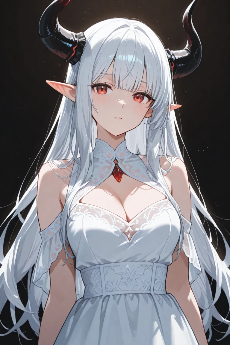 (tanned elf girl:1.2), (white_hair red_eyes) (slave beige dress attire), (collar) (belts), (huge tits)