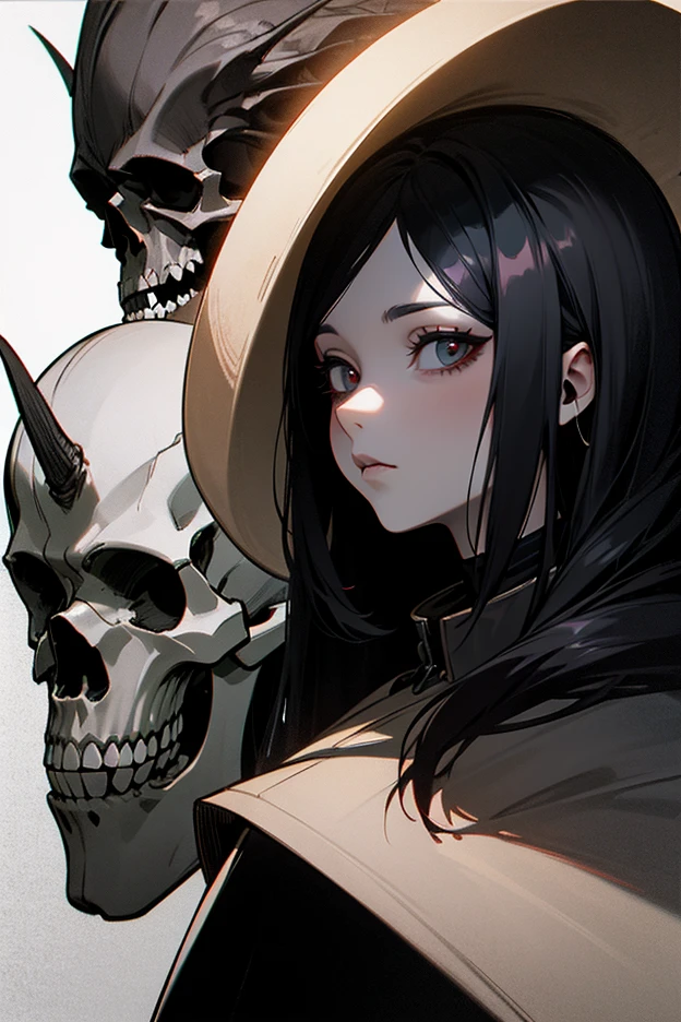 hellの女王、smile、Villainess、Bad guy、Sit in the King's Chair、Large Breasts、Black long dress、Long black hair、Red eyes、smile、There are lots of skeletons lying on the ground、Rocky cave、lava、hell、Bottom of the Abyss、