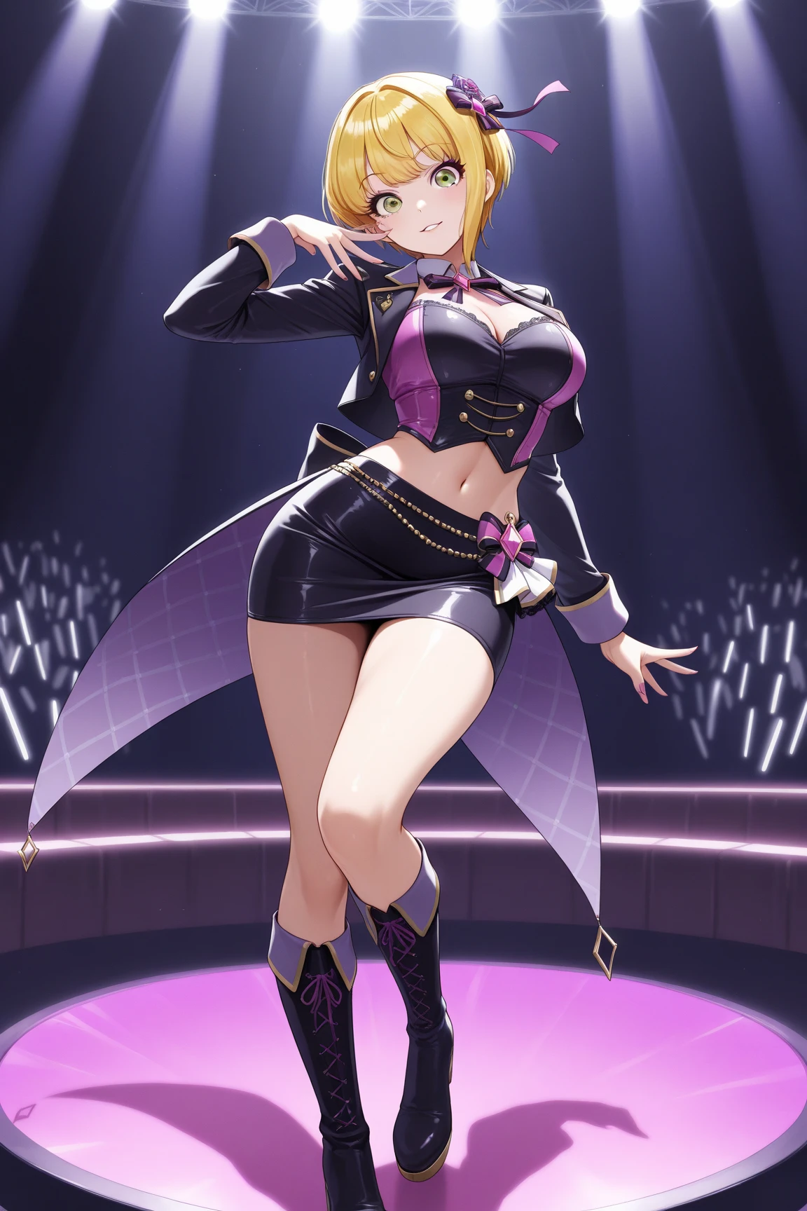 1female, 20yo, (Zelda, totk, short hair, capelet, techk1tty, blue bikini with gold lacing, blue thong with gold lacing, sexy, large breasts, blue lacey high heels, hands behind head, large breasts, ), showing stomach, ((((wearing hood, hood has cat ears, cat ears on hood,)))), choker, bra, panties, garterbelt, thigh strap, hood up, animal hood, cropped hoodie, big hood, techwear, (((stripper_girl, squatting in front of stripper pole))) (masterpiece), (Very detailed CG unity 8K wallpaper), best quality, detailed background, (strip_club_venue:1.6, stripper pole in foreground, female strippers in the background, UndergroundClub, moody background, dark background, spotlights on ceiling, on stage, stage curtains in background, crowds watching, crowds, race queen), sweating, glistening sweat, black thigh highs, black stockings, garter belt,