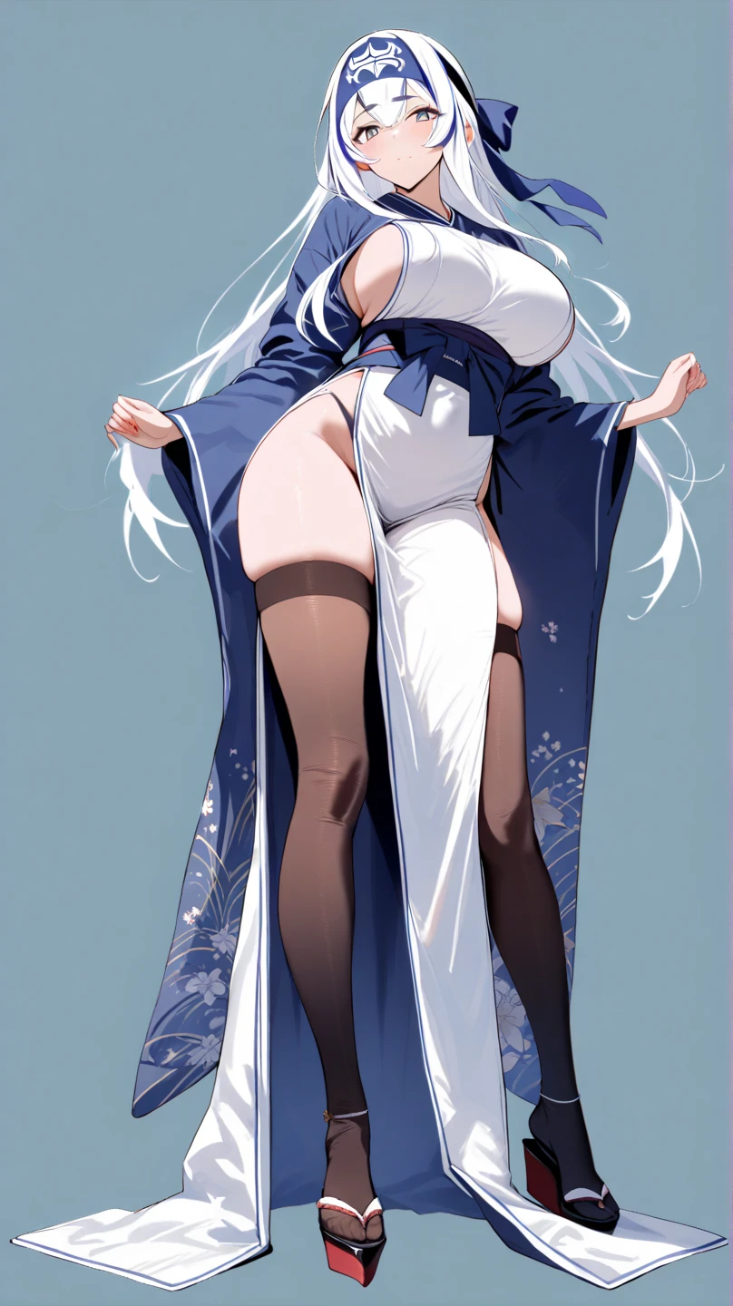 ((highest quality)), ((masterpiece)), (be familiar with), perfect face, female with wolf ears, white hair, is female, female, long, wearing an oriental white kimono, Wearing thigh-high fishnet stockings, (whole body), Wearing black combat boots, alone, Has blue eyes, (perfect eyes)(masterpiece) thick thighs, wide hips, Has a wolf tail, female, is female, Body, Standing picture