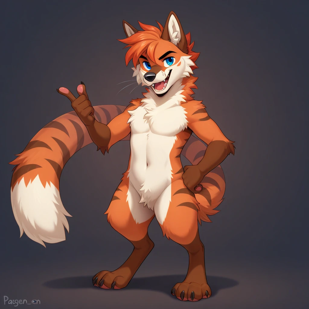 by daftpatriot, by softailfox, by honeymono, solo, male, mammal, anthro, canid, canine, fox, fur, simple background, male, smile, white background, featureless crotch, standing, feet, hi res, hands, 4 fingers, toes, dipstick tail, orange fur, looking at viewer, biped, tuft, nude, blue irises, 3 toes, tail markings, markings, cheek tuft, facial tuft, chest tuft, black nose, fingers, white fur, white body, btets,