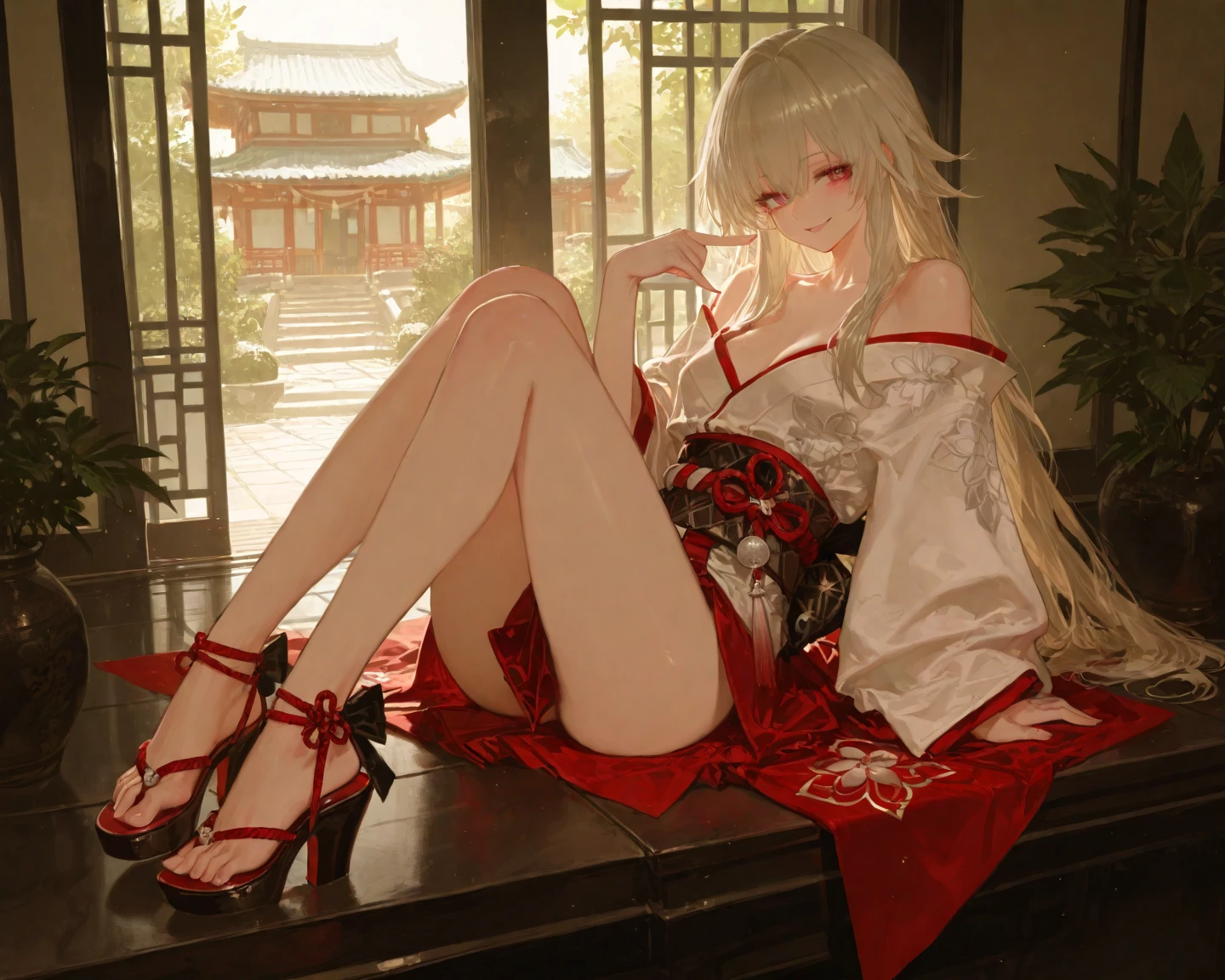 ((depic young girll)), (((top-quality, masterpiece))), 4k, HD, one girl, long hair, red hair, straight hair, ((poney tail)), nice hips, Masterpiece, Excellent, complex details, delicate girl, delicate face, sassy, confident, white ribbons, brown eyes, clavicle, (((cute white lace lingerie))), (((sofisticate red lace lingerie))) bare arms, bandage on arms, flat belly, (red kimono), (((kneeling))), ((katana sword on the ground)), Japanese garden, atmosphere of feudal Japan