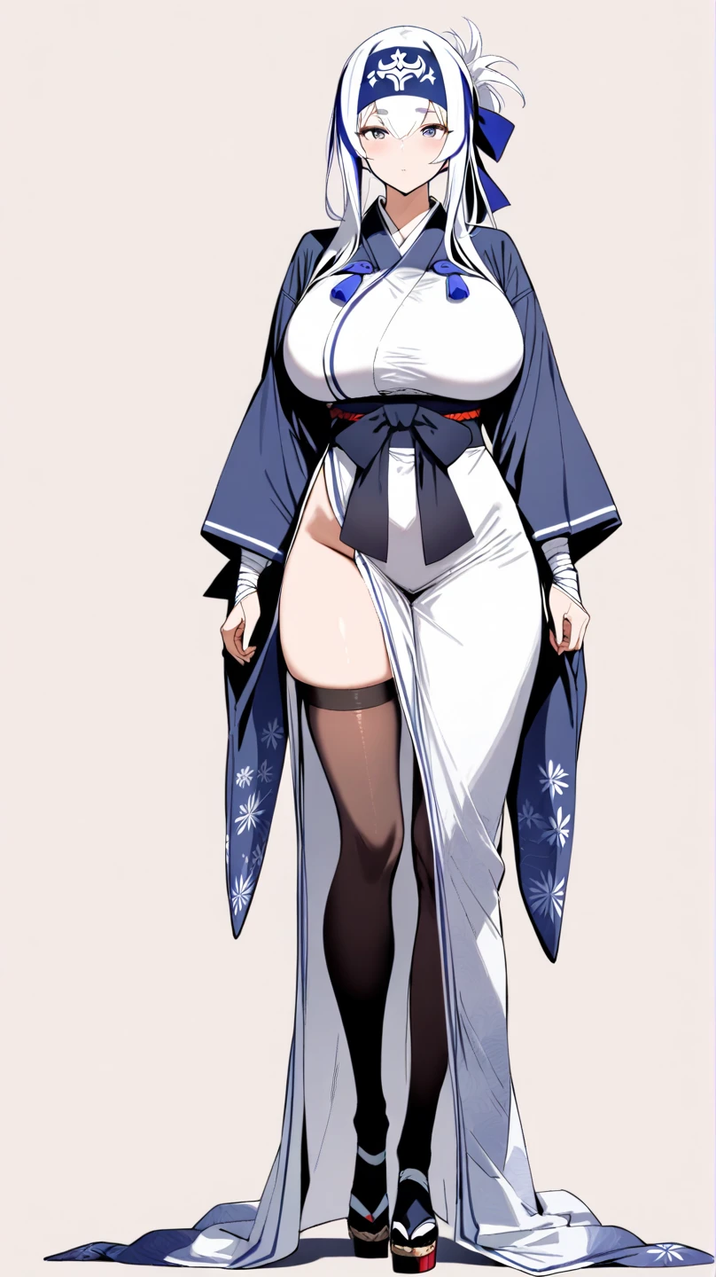1girl black_stockings blush breasts woman female pubic_hair ((fundoshi)) high_resolution full-body meiji_era japanese_traditional_clothing big_breasts navel pubic_hair only tied_hair fundoshi_transparent