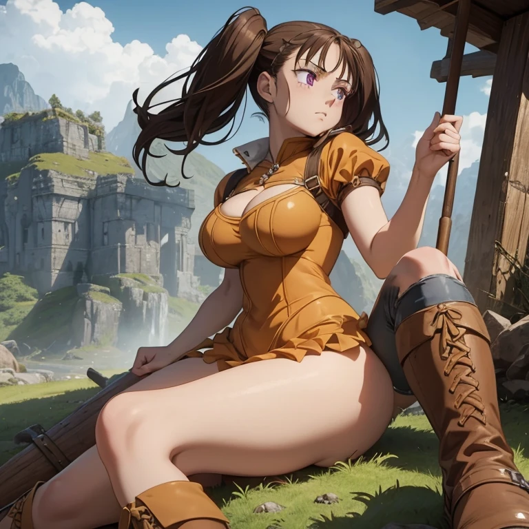 (((round face))), drooping eyes, sweat, shame, a young housewife, realistic skin, thin-t-shirt, braid, (ecstasy face, lewd girl), ecstasy, transparent-mesh-panties, ((leaking pee while she is standing and straddling to hit her panties against (a vibrating tool's handle) while eccentric pose)), (masturbating with complete concentration, focus on her mouth), in the garden, trees, sky, angle from below,