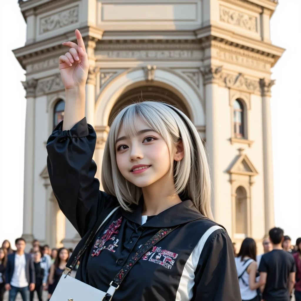 NSFW、A very young gothic ta girl with beautiful, shiny white hair raises her right hand and points at the sky、Arc de Triomphe